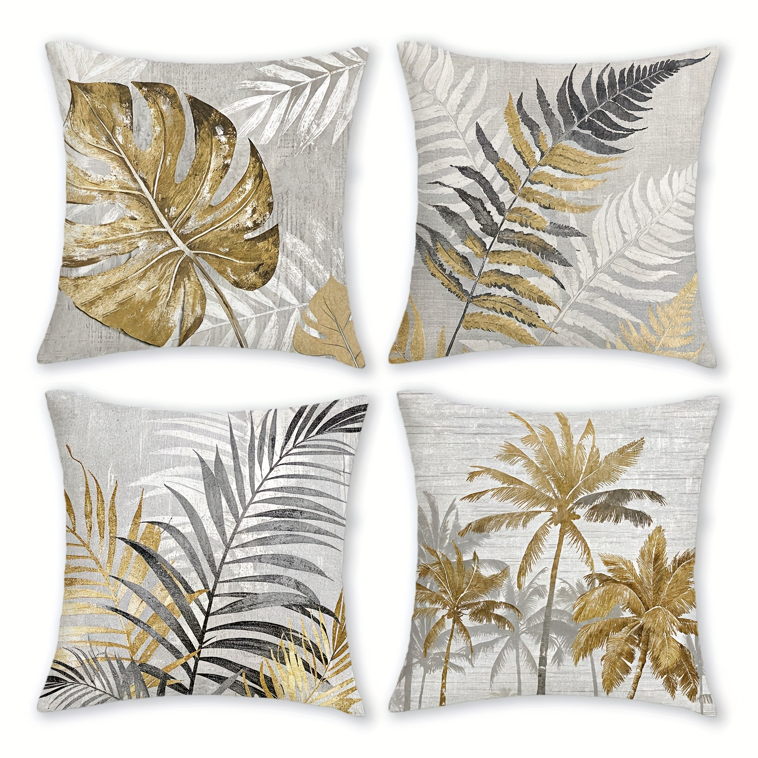 TEMU Lot de 4 housses de coussin carrées style plantes . présente une base avec des végétaux tropicaux dorés et noirs que des feuilles de monstera,