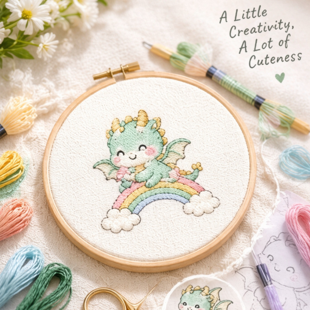 Cute Dinosaur Embroidery Pattern Kit, Water Soluble