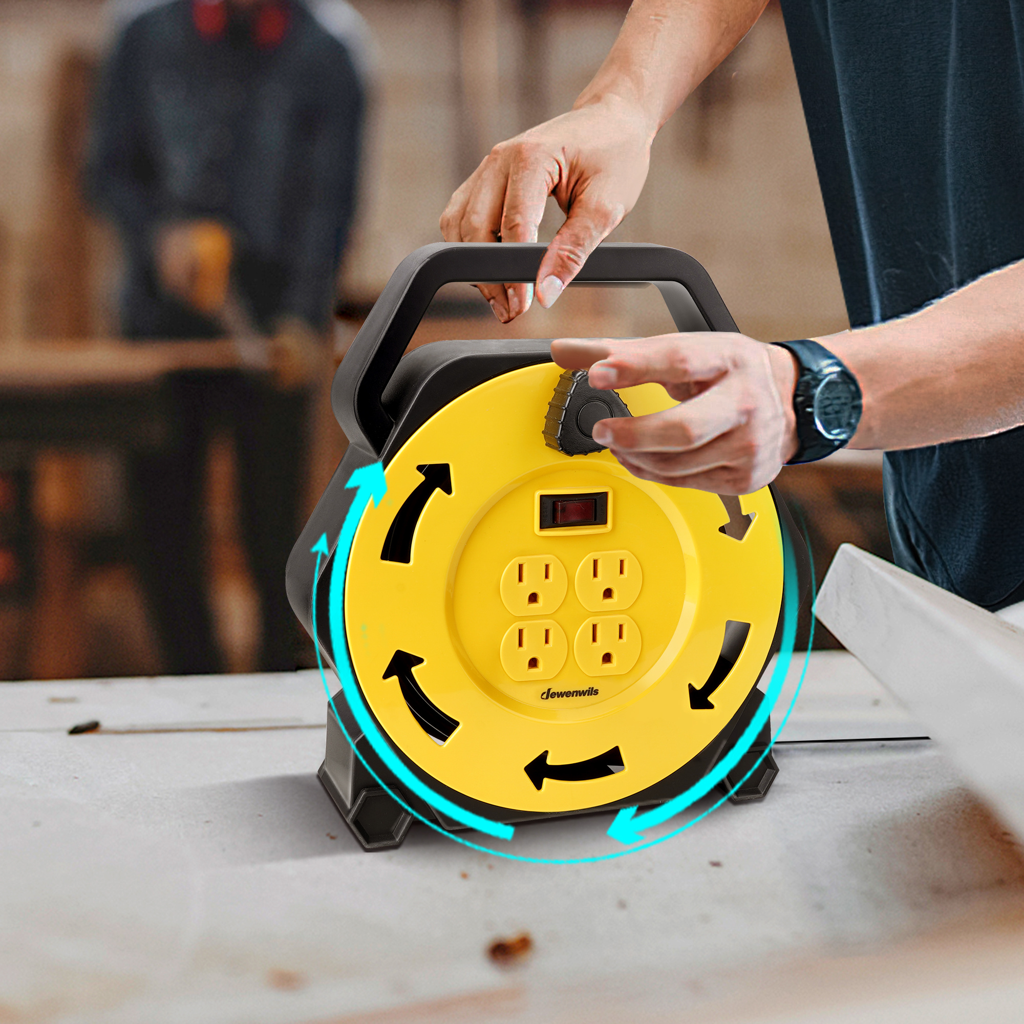 25ft retractable extension cord reel 120v   16awg sjtw   13a circuit breaker switch