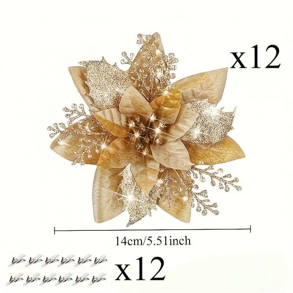 TEMU Ensemble de 24 fleurs artificielles de Noël éclatantes cardinal (12 fleurs et 12 pinces à fleurs) - Faux fleurs bleu rose éclatantes pour