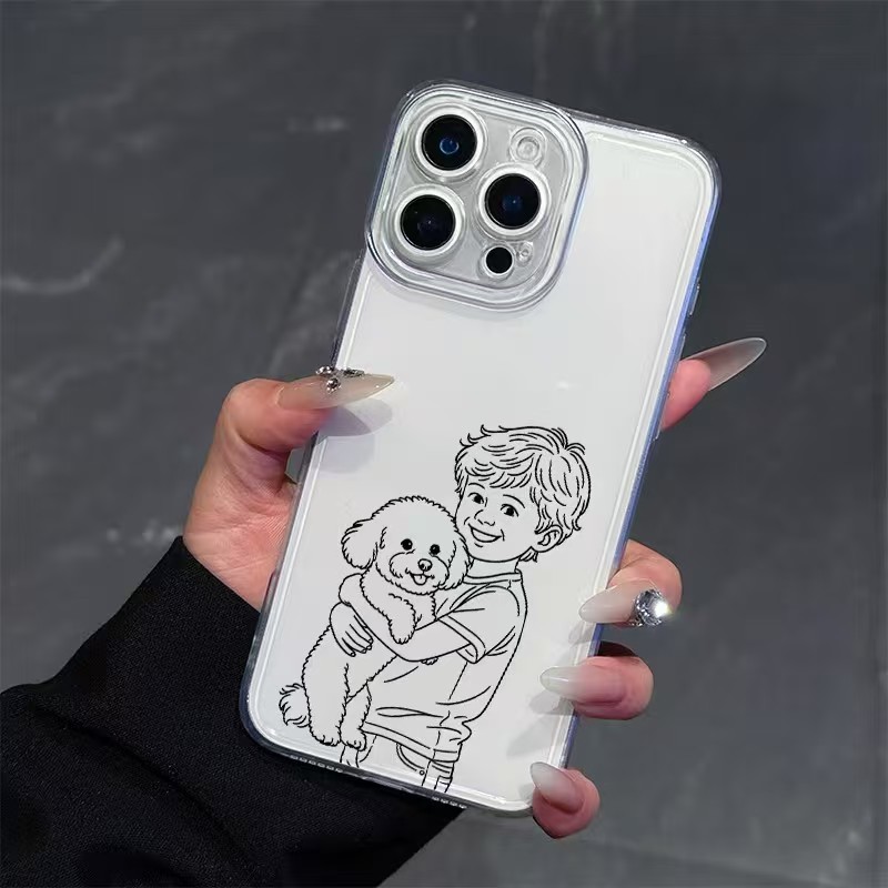 TEMU Phone Case: Hand-drawn Custom Phone Case With Black And White Line Art, Real Pet Photos Into Sketches. Features A Transparent Full-coverage