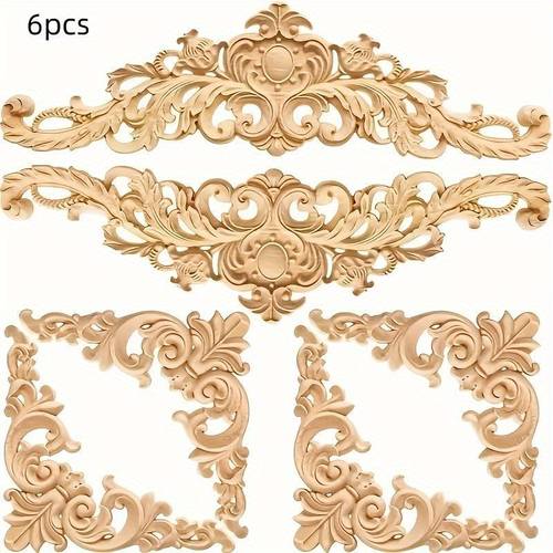 4 5 6pcs vintage wood carving appliques elegant unpainted wooden carved pendants beige for diy furniture ideal for bed door cabinet wardrobe home decor enhancement art supplies craft tools woodworking material