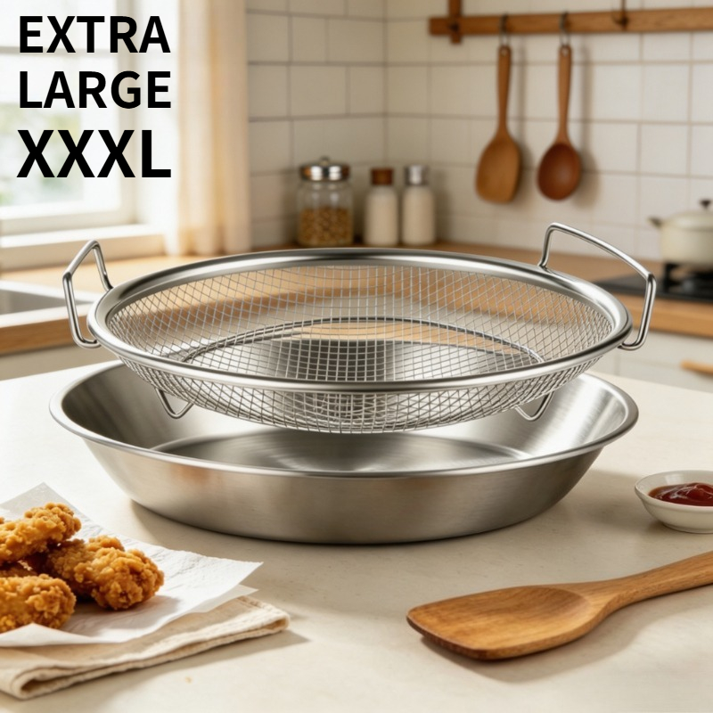TEMU New Extra-large Xxxl 27cm/10.63inch Practical Combo Set - Stainless Steel Oil Filter Cooling Rack And Tray, For Frying, Washing Vegetables, Deep