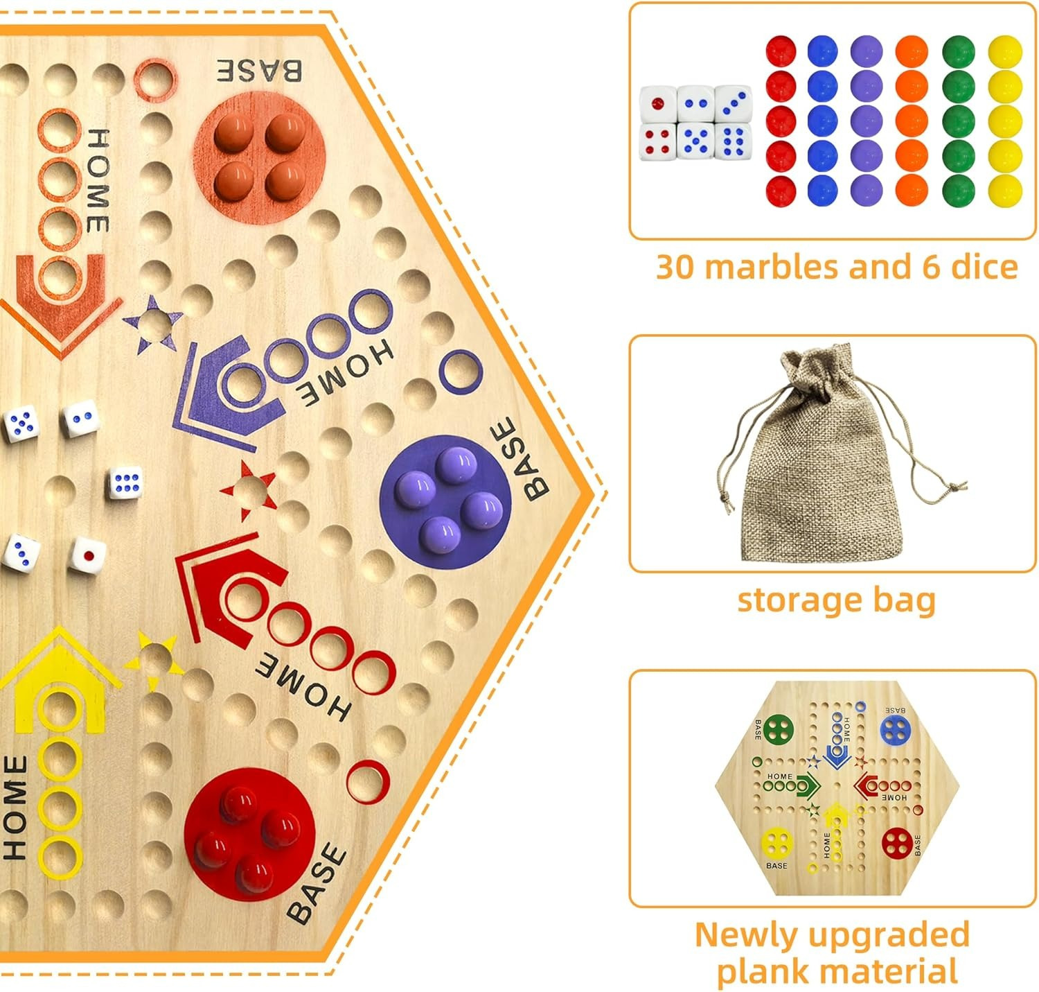 Original Double-Sided Painted Wooden Board Game - Fast Track For 2 To 6 Players, 6 Colors, 24 Marbles, 6 Dice, Suitable For Adults & Kids, Family Gatherings, Parties, Holiday Gifts (15 Inches).