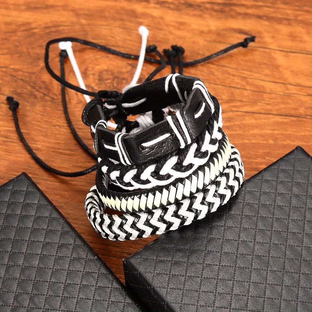 Minimalist Black And White Woven Faux Leather Bracelet Set For Men And Women, Perfect Accessory For Coats And Sweaters, Ideal Birthday Gift