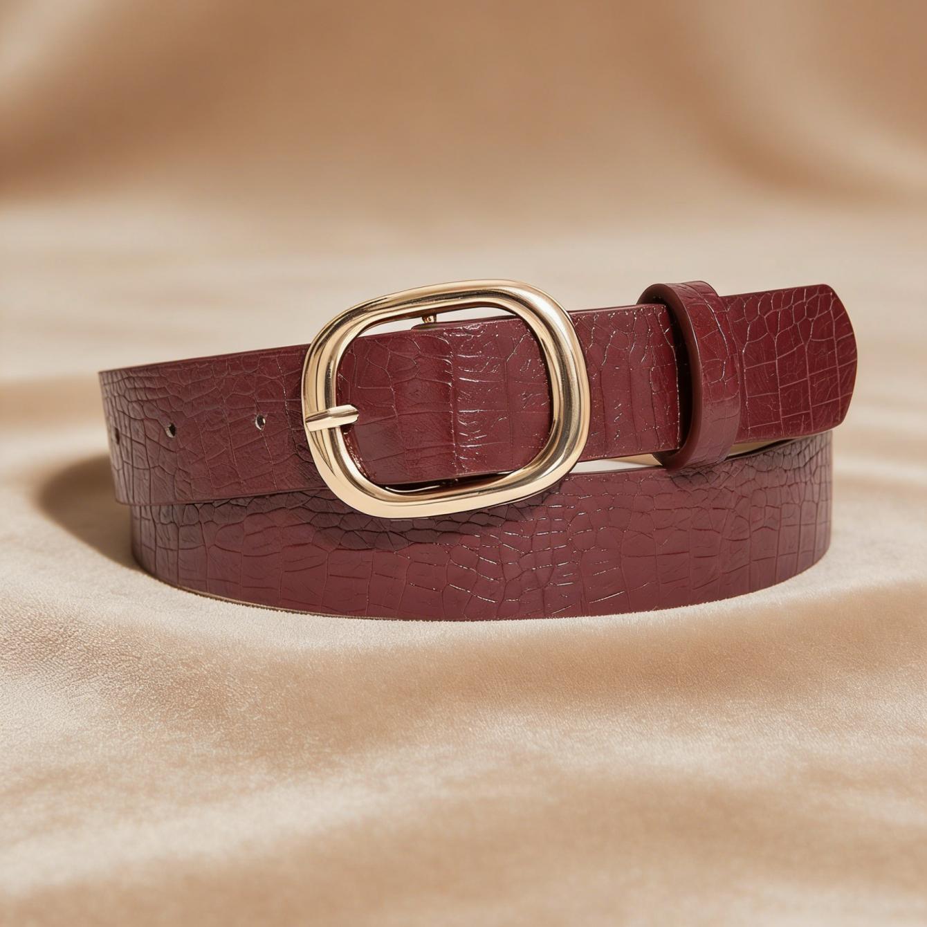 TEMU Women's Vintage Burgundy -pattern Textured Belt With Luxury Golden Oval , Suitable For Daily Commuting, Casual Attire, Parties, Casual , And