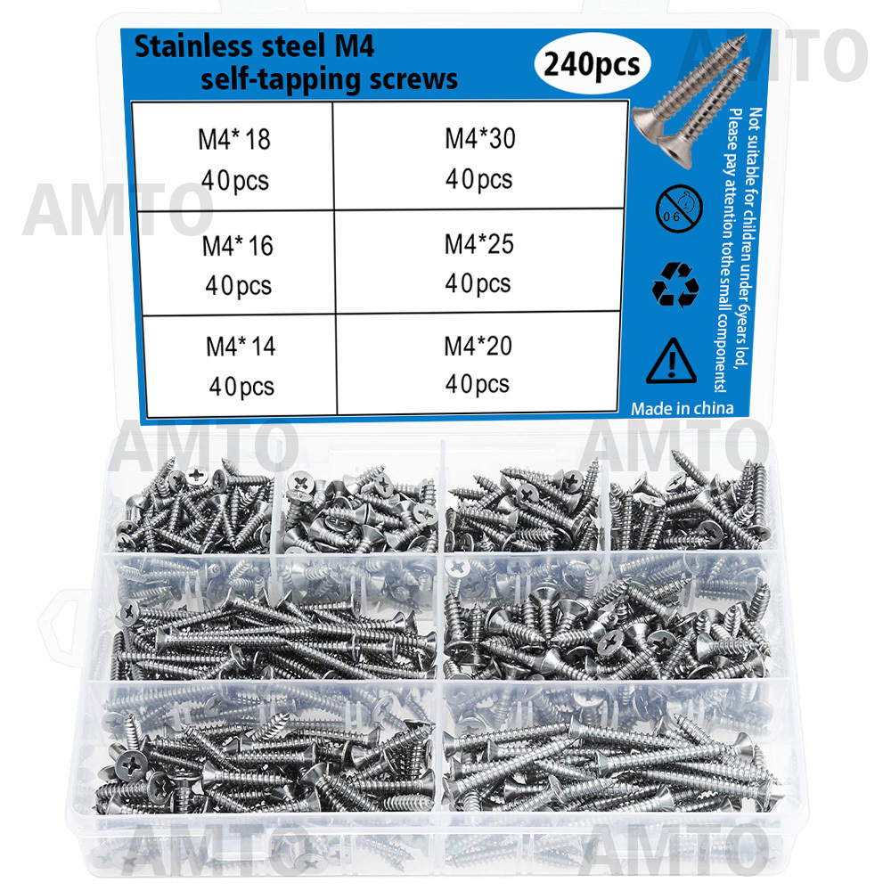 TEMU 240 pz di viti autofilettanti M4 in acciaio inossidabile nelle misure 14mm, 16mm, 18mm, 20mm, 25mm e 30mm.