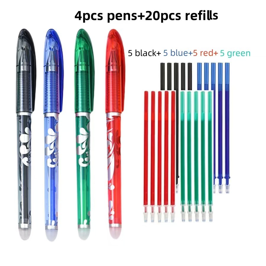 TEMU Set da 24 penne cancellabili colorate, 4 penne + 20 ricariche, punta fine da 0,5 mm, gomma incorporata. Adatte per disegnare e scarabocchiare,