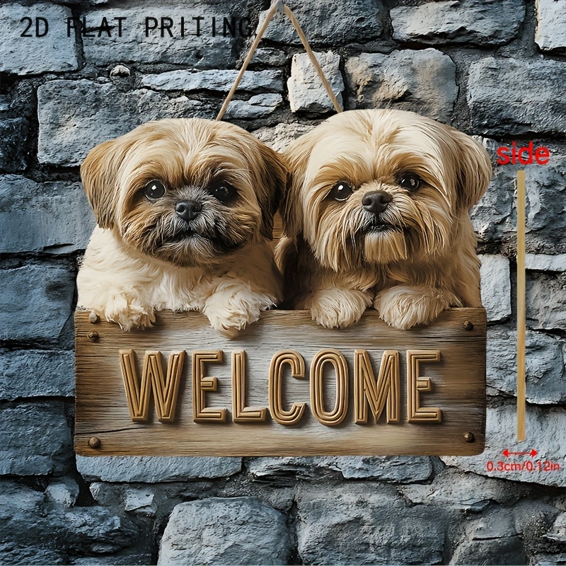 TEMU 2d Flat - A Gift Suitable For All , This 2d Printed Outdoor Wall Decoration Features A Shih Tzu Welcome Sign. A Vintage Wooden Home Decor Piece