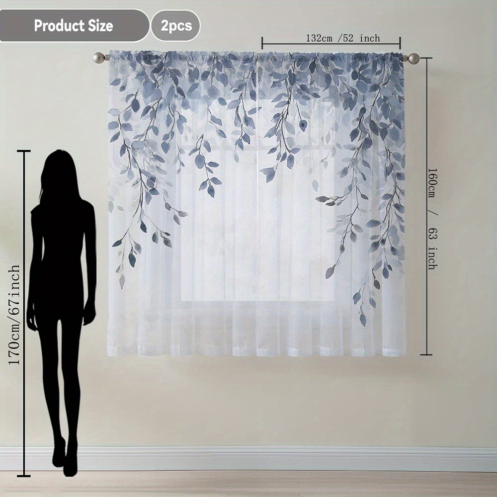 Image of 2pcs Blue-gray Drooping Leaf Plant Printed Home Decor Sheer Curtain, Rod Pocket Window Scarf, Flowing Sheer Curtain For Kitchen Room Balcony Garden