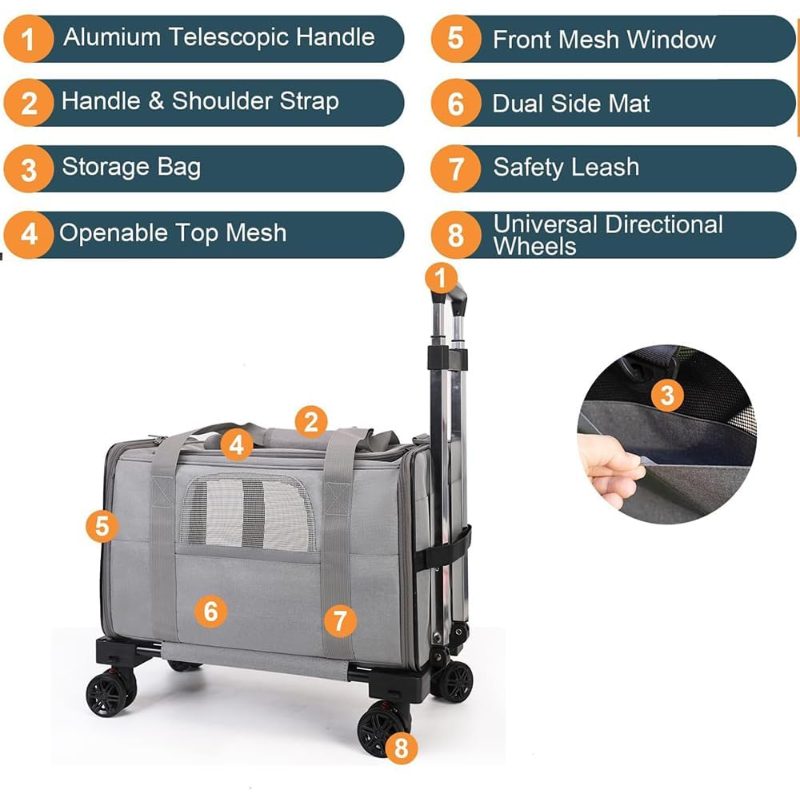 Rolling Soft-Sided Travel Bag with Wheels And Handle, Collapsible Design for Easy Storage, 360 Smooth Rolling Wheels, Adjustable Telescopic Handle, Soft Cozy Interior for Pets