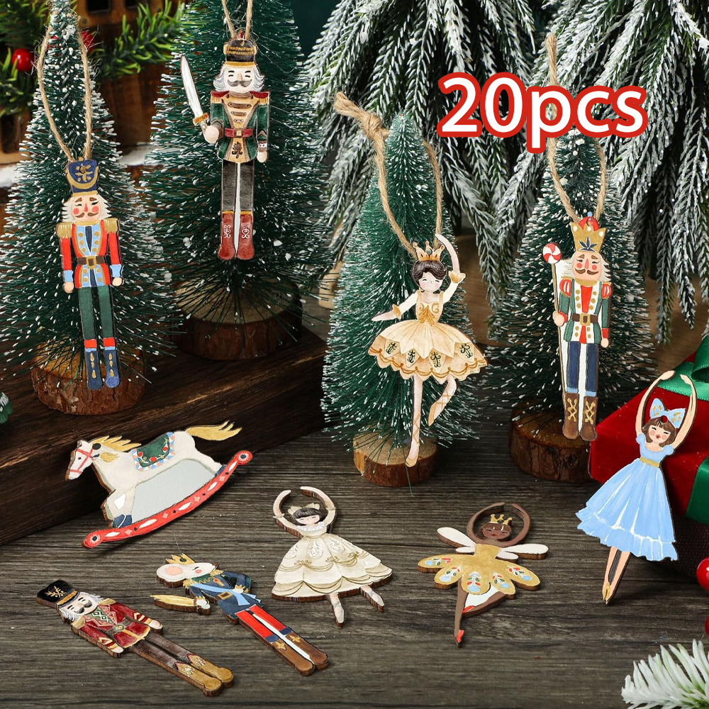 Image of 20pcs Wooden Christmas Ornaments Set - Nutcracker And Ballet Figures - No Battery Required - Festive Decorations For Christmas And Winter Celebrations