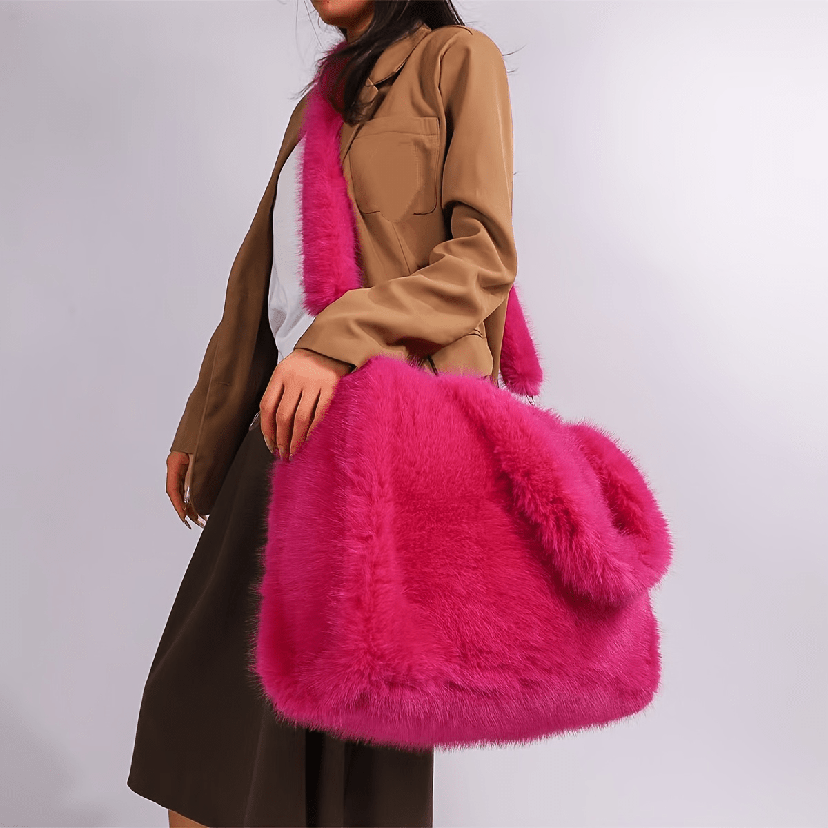 Faux Fox Fur Tote Bag with Long Strap, Large Capacity Handbag