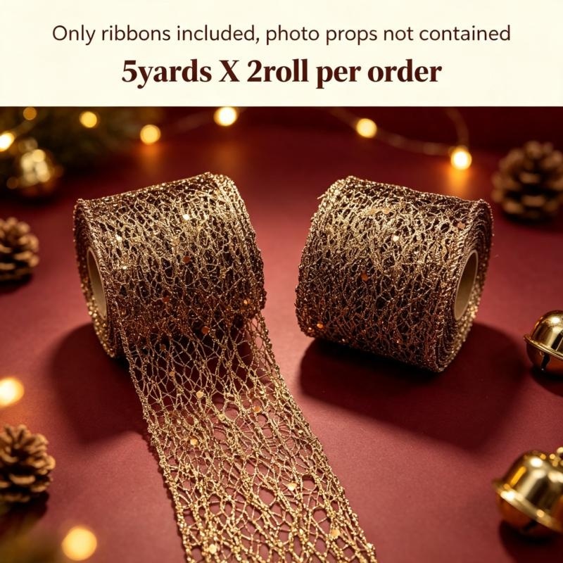 TEMU 2 Rollen, 6.3Cm Breedte, 5 Yards Per Rol, Bedraad Lint, Gouden Pailletten Cut Out, Kerstmis, Xmas, Voor, Bloemdecoratie, Boeket , Cadeaupapier,
