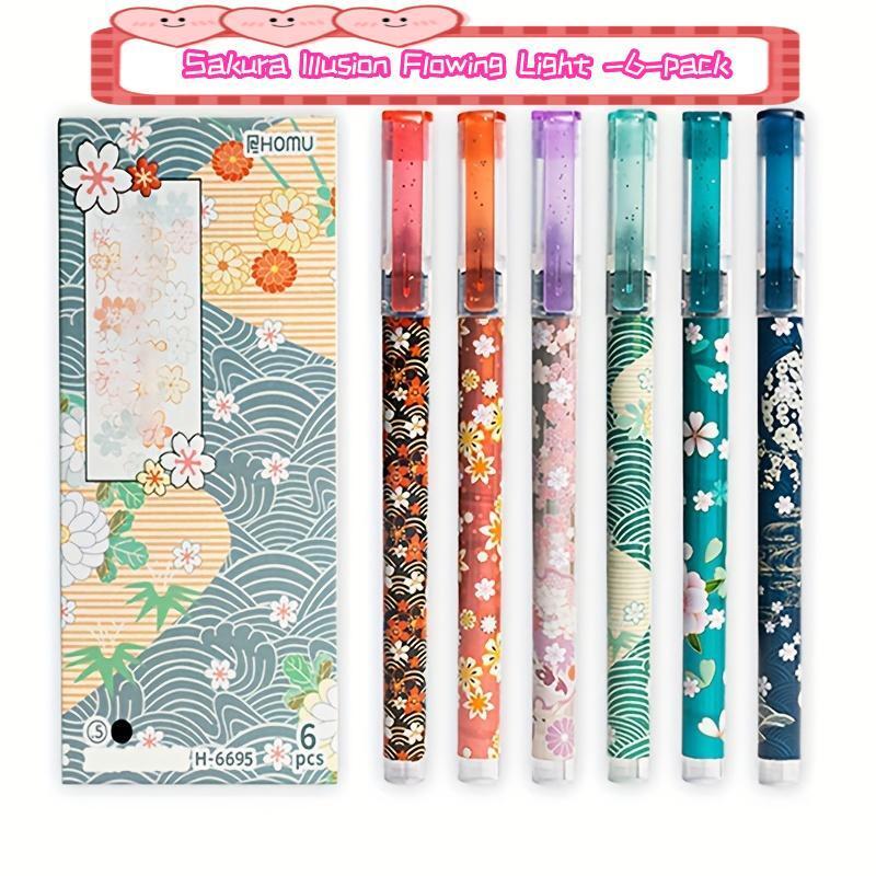TEMU Een set van 6 bloemenlijmroller balpennen, fijne 0.5mm, sneldrogende vloeibare inkt, duurzaam plastic materiaal, soepel schrijven, kantoor- en