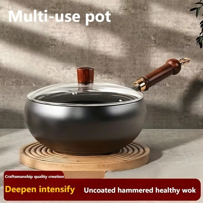 1pc heavy duty cast   with lid black exterior   heat distribution   natural wooden like handle multipurpose pan for searing frying boiling steaming compatible with all stovetops induction electric   for home   chefs gifts durable construction kitchen cookware classic cookware hand wash only versatile cookware cooking enthusiasts