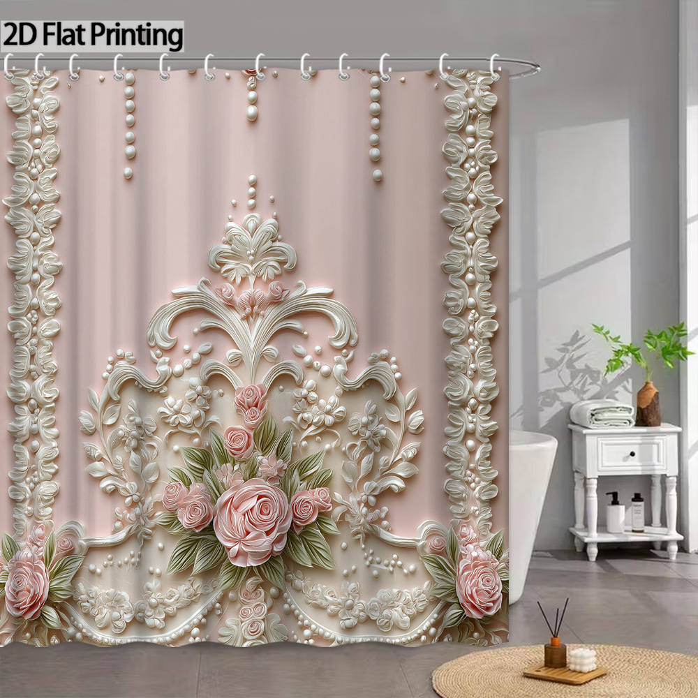 2d Flat, 1pc 2d Flat Elegant Floral Shower Curtain Bathroom Accessory Decor Bathtub Partition Hanging Curtain With 12 Hooks 70.8x70.8 Inch, 2d Flat