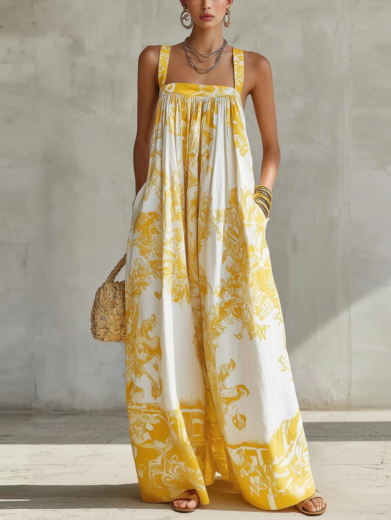printed strap wide leg jumpsuit for women vintage   style suitable for light vacation   mature  