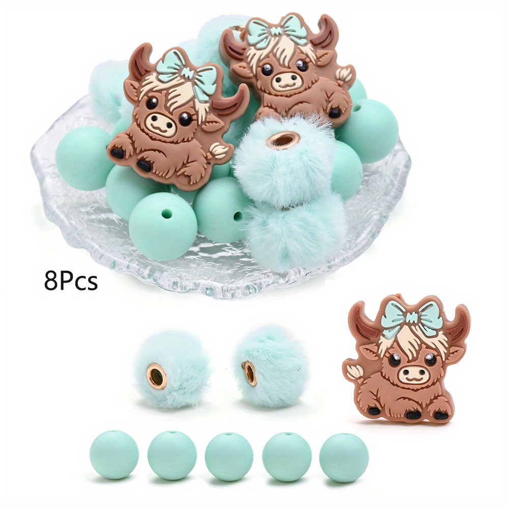 Image of A Set Of 8 Animal Silicone Plush Beads, Featuring 15mm Large Hole Plush Round Beads, Suitable For Jewelry Making Kits, Bead Pens, Necklaces, Bracelets, Keychains, And Decorative Gifts