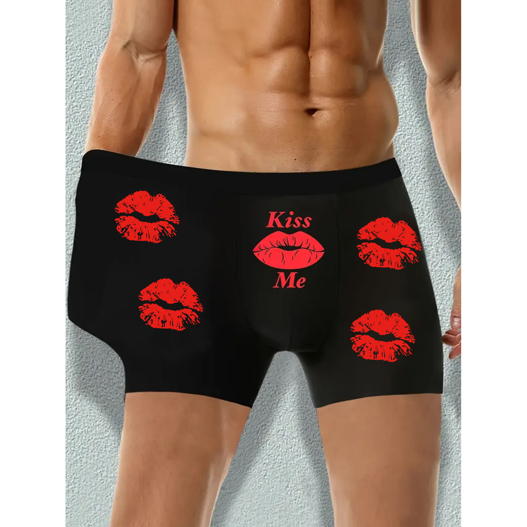 

1 Pair Men's "" Print Boxer Briefs - Ultra-comfortable, High-elasticity, Breathable, Slim Fit, Casual Underwear With Red , Ideal Valentine's Day Gift