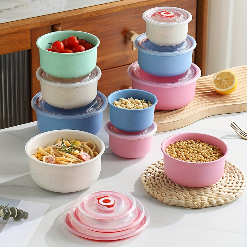 3pcs round plastic storage container set leak proof reusable multipurpose food containers with   lids for kitchen organization wheat straw fresh keeping bowls for   fruits vegetables meals hand washable kitchen accessories details 2