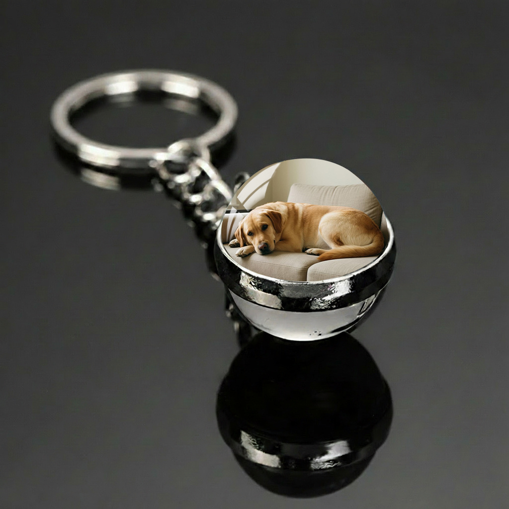 Custom Spherical Double-sided Metal Glass Keychain With Hd Color Photo Inlay, Cat And Dog Photo Customization, Memorial Gift