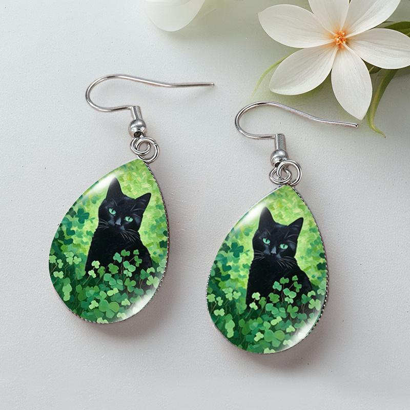 TEMU 1 Pair Black Cat Clover Tear Drop Earring Handmade Glass Dome Dangle Earrings Jewelry Gifts