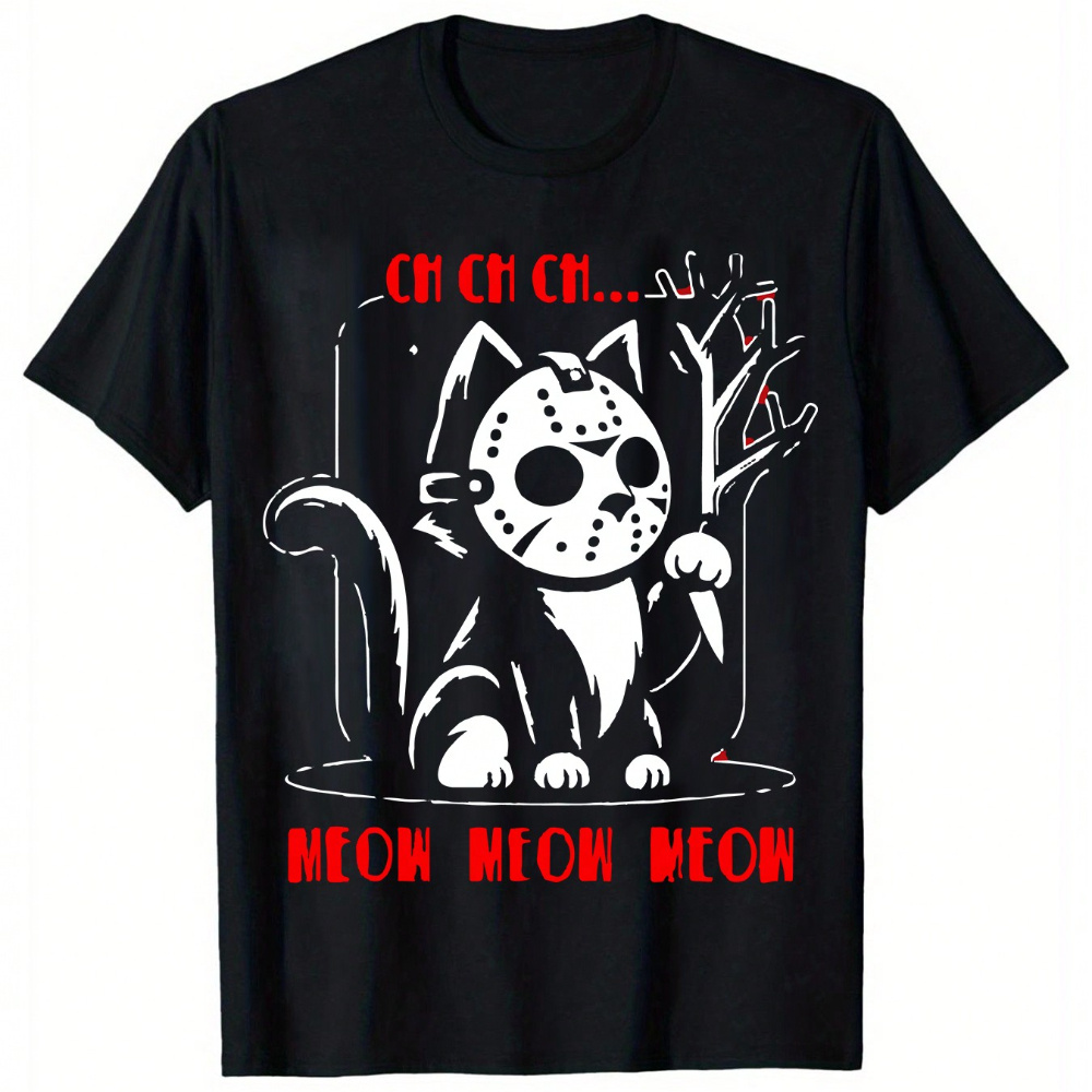 

Men's " " Cat Graphic T-shirt - 100% Cotton, Short Sleeve, Crew Neck In Black With White & Red Print | Casual, Breathable Fabric For All