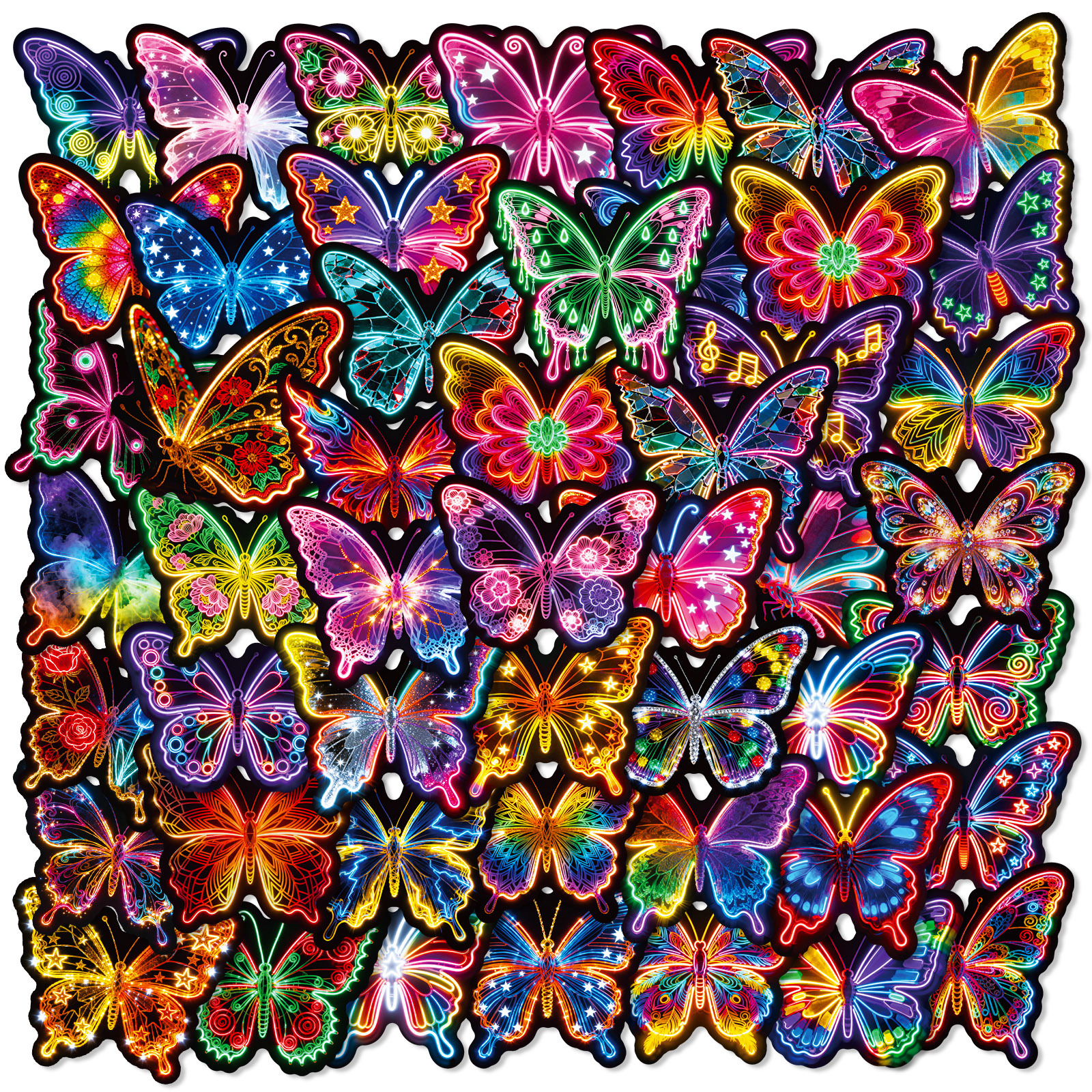 50pcs Neon Glow Fantasy Stickers Pack, Vibrant Colorful Insect Decals, For Laptop Journal, Neon Decor Stickers
