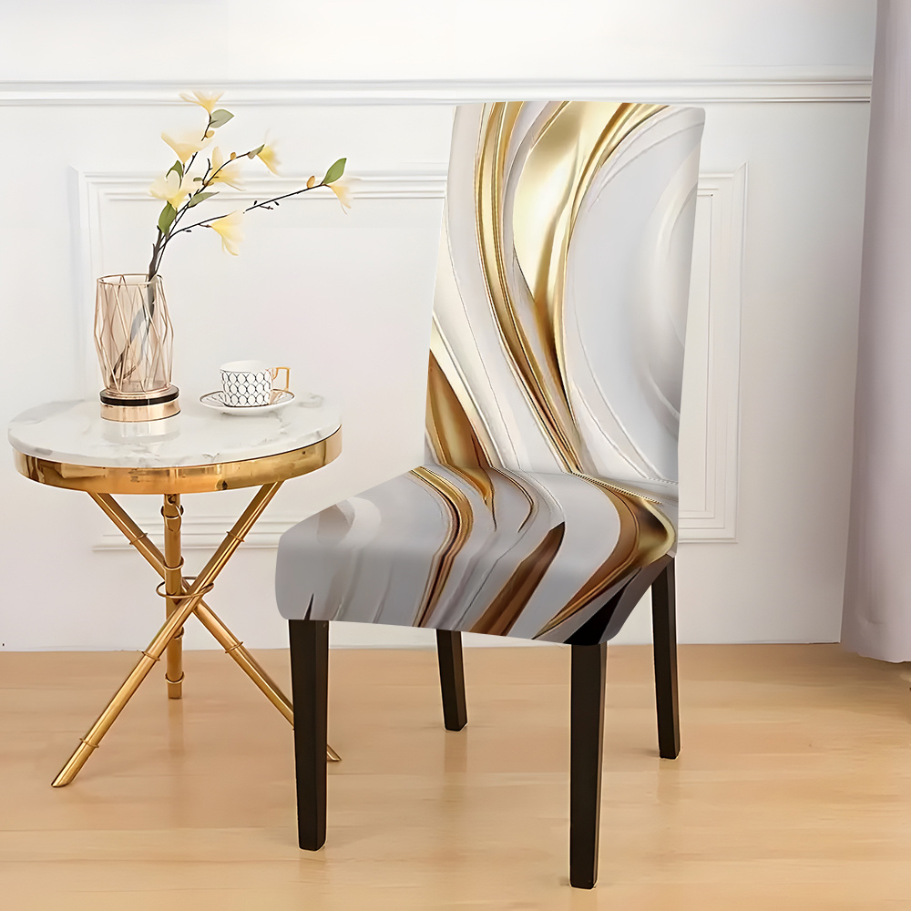 

2/4/6pcs Modern Stretchable Chair Covers, Golden And White Abstract Art Print, Band Slipcover-grip, Machine Washable Polyester Chair Protectors, Dustproof Seat Cushion Covers For All