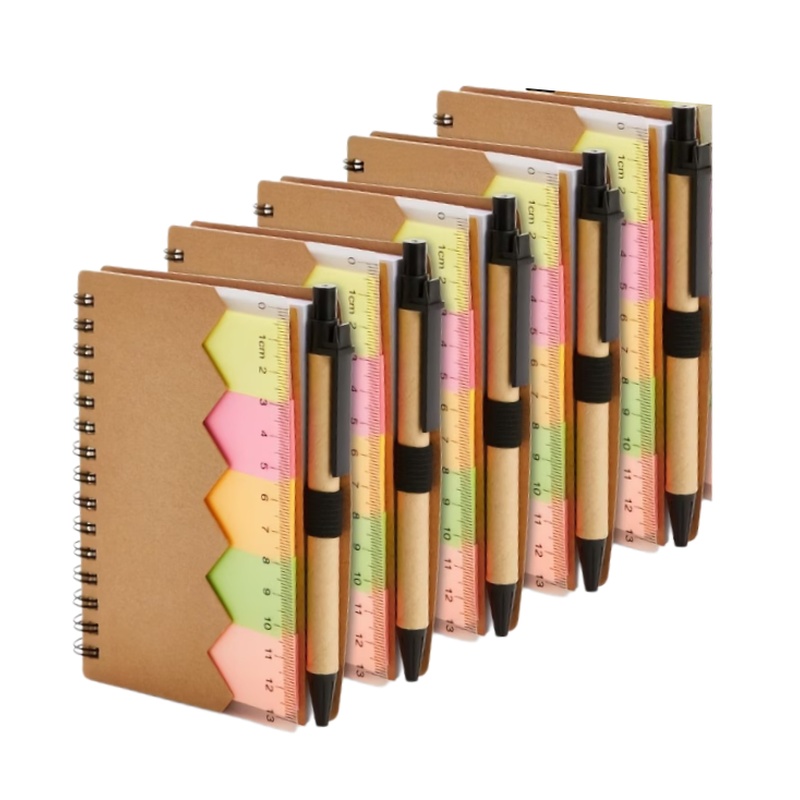 TEMU 5pcs A6 Paper Coil Notebooks + 5 Ballpoint Pens Office Gift Set - Includes Ruler Tool And Tear-off Sticky Notes For Business, Reminders, And