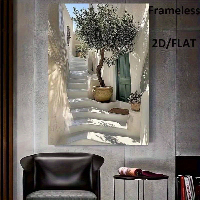 TEMU 2d Flat, 2d Flat, 2d/flat Frameless, Modern Minimalist Mediterranean Landscape Canvas Wall Art - White Greek Island Staircase With And Olive