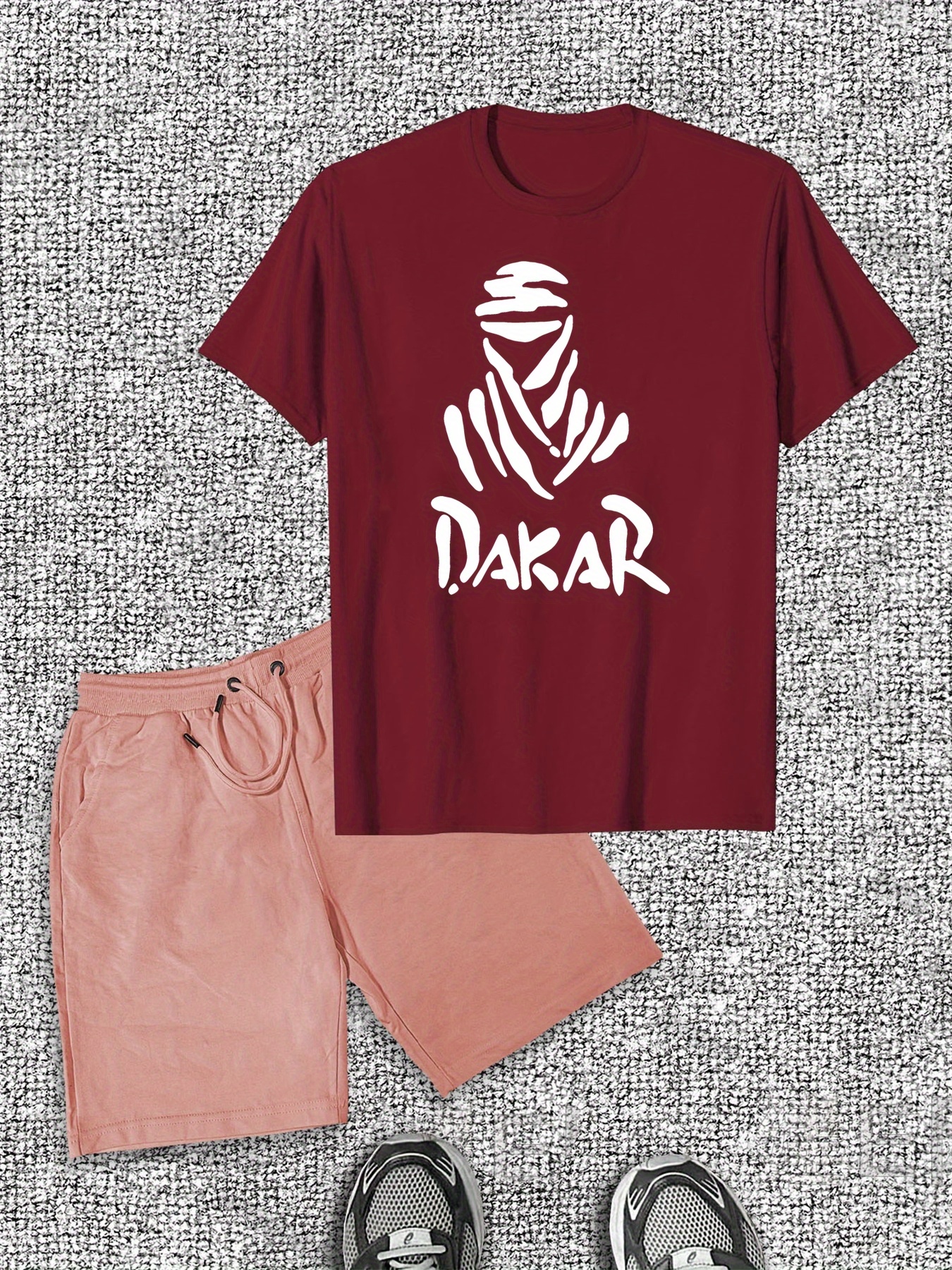 Men'S Casual Summer Shorts and T-Shirt Set, Solid Color, Cotton, Regular Fit, with Graphic Print Tee and Drawstring Shorts, for Casual Attir