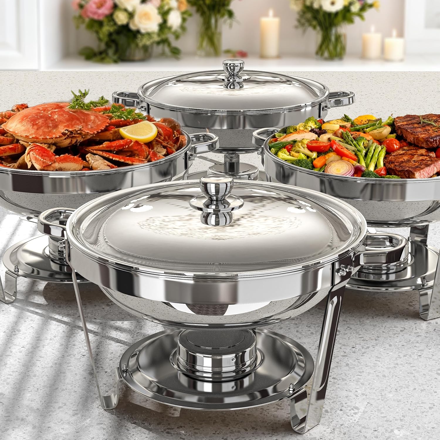 Image of Set Of 4 Round Chafing Dishes, 5qt Each, Ideal For Buffets [stylish And ] Stainless Steel Chafing Dishes For Weddings , Silver - Designed For Cooking ( Cooking)