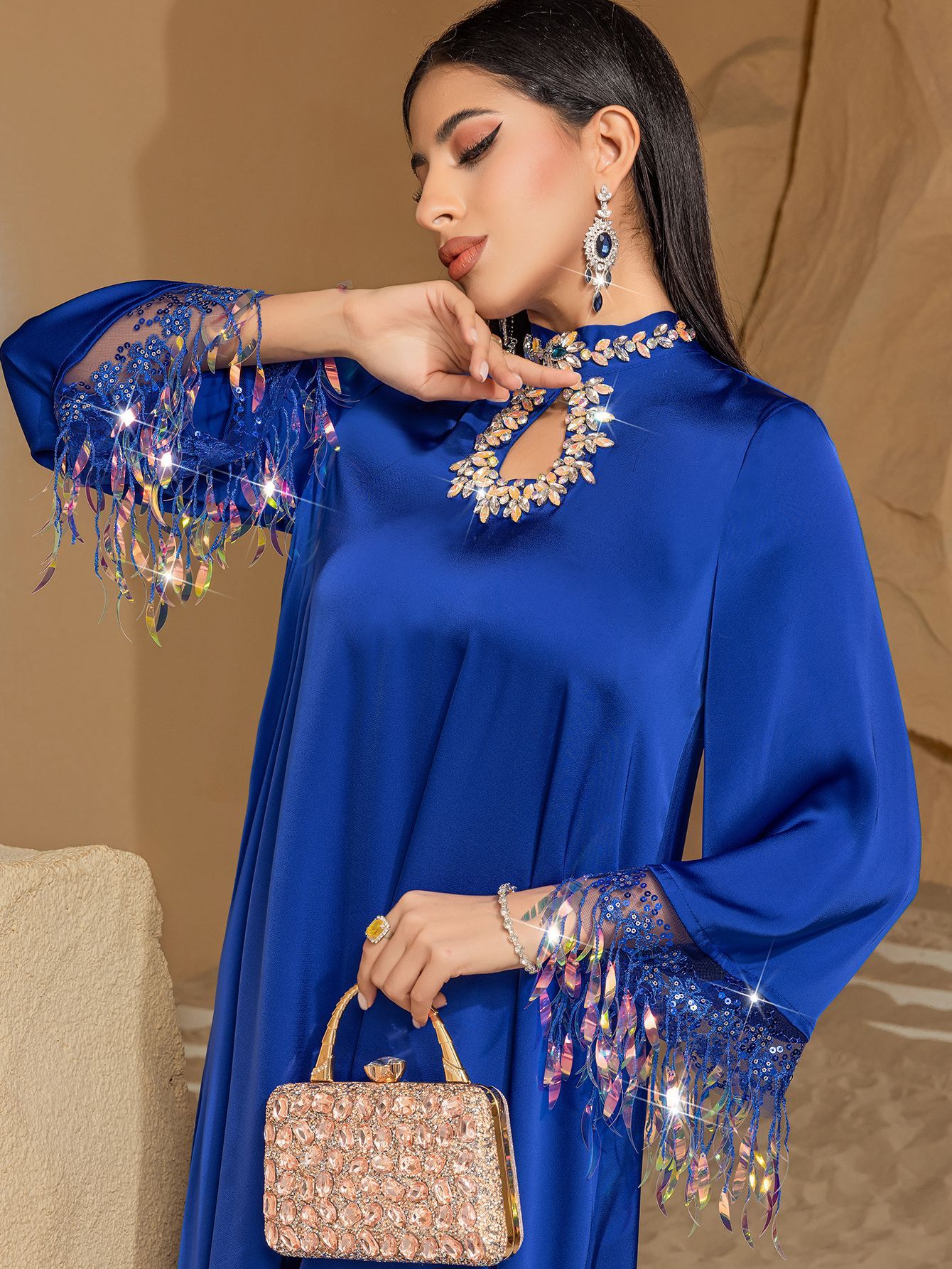 chinese dress ladies Maya Dusty Blue Embellished Long Sleeve Maxi Dress  Maya Deluxe