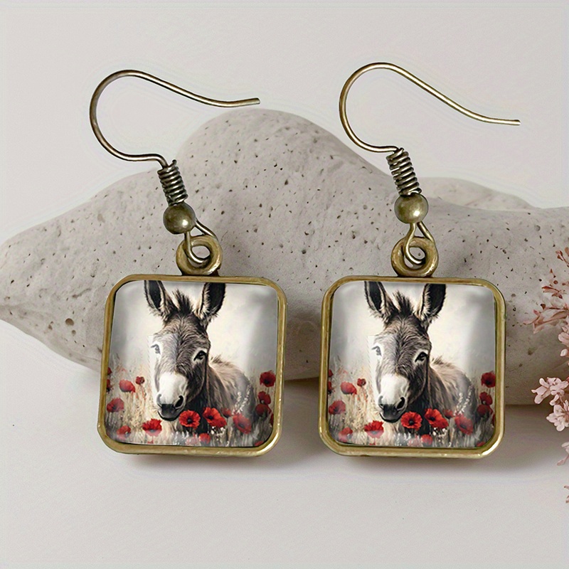 TEMU 1 Pair Poppies Donkey Square Earring Glass Dangle Earrings Handmade Jewelry Gift