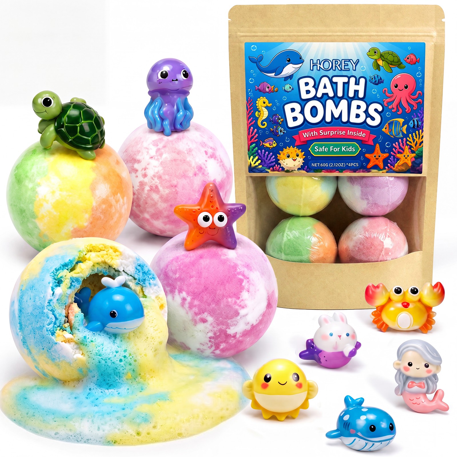 TEMU 4pcs Surprise Toy , Ocean Toy (random Toys Inside), Rich Colorful Foam& Long-lasting Fragrance, Bath& Care