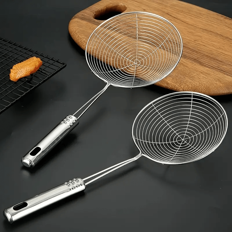 Image of 2pcs Durable Stainless Steel Strainer Spoon With Handle | Wire Skimmer For Cooking, Frying, And Kitchen Use, Ideal For Kitchens And Dining Rooms, Food Contact Material, Safe