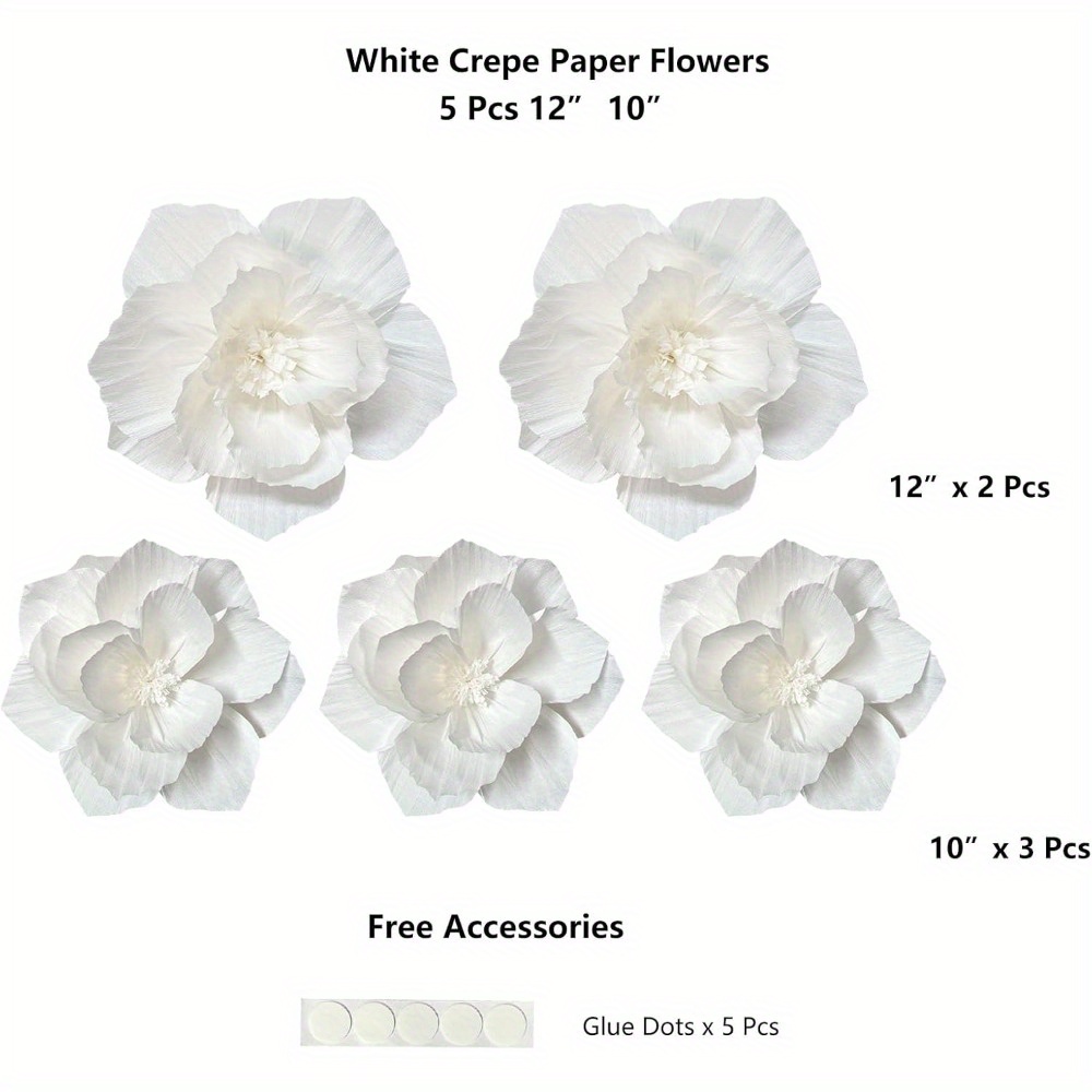 Image of Set Of 5 Artificial White Paper Flowers In 3d For Use As A Backdrop Or Centerpieces And Birthdays, Measuring 12" And 10"