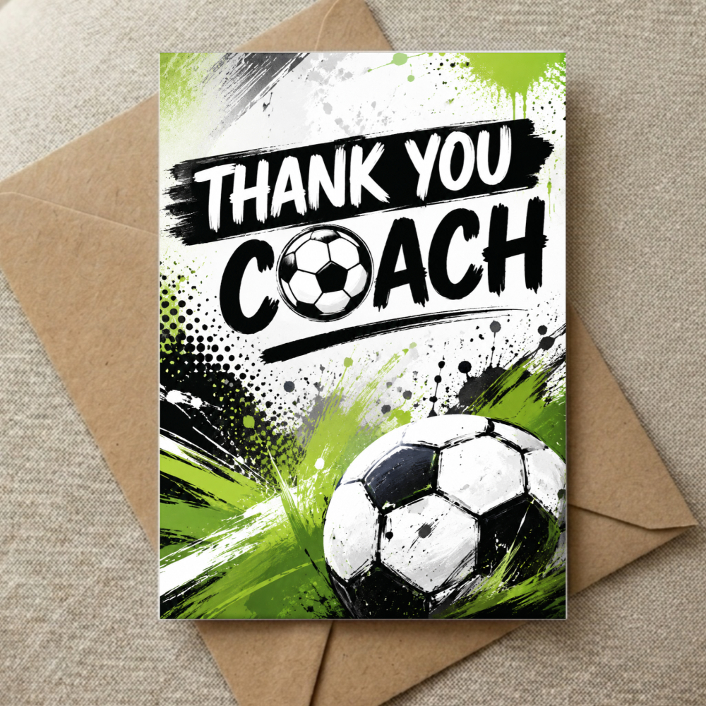 TEMU Thank You Card Soccer Ball Design With Green And Black Splash Art For Team For End Of Season Gifts Coaching Appreciation And Sports Events