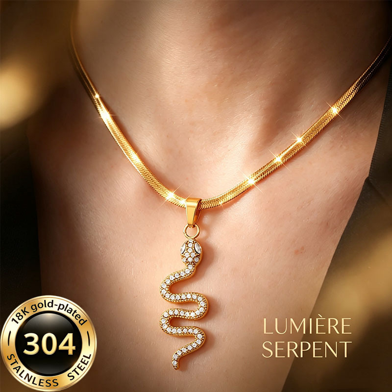 TEMU 1pc 304 Stainless Steel Light Luxury Minimalist Wavy Snake Pendant Flat Snake Chain Necklace, Suitable For Urban Daily Commutes, Romantic Dates,