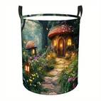 1pc Laundry Basket - Mushroom Forest Design with Glowing Mushrooms & Cottage - Heavy-Duty Polyester Laundry Hamper - Handles for Bathroom, Bedroom, Kitchen - Decorative Storage Organizer Basket - Ideal Housewarming Gift, , Whimsical Design, Durable Polyester, Bedroom Decor, Sturdy Construction, Small , 2D Flat, Laundry Hampers