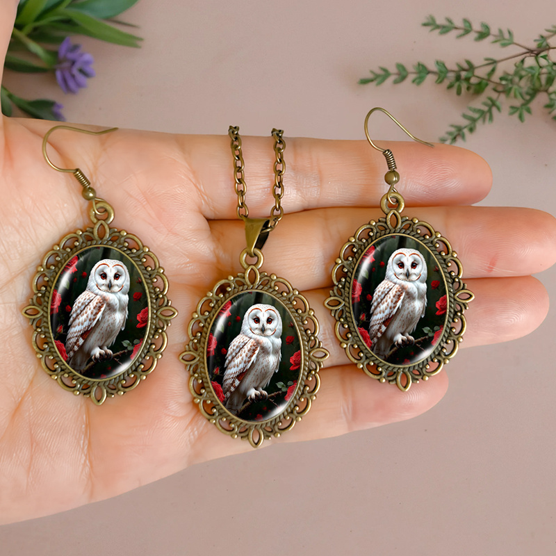 3pcs Rose White Owl Necklace & Earring Set