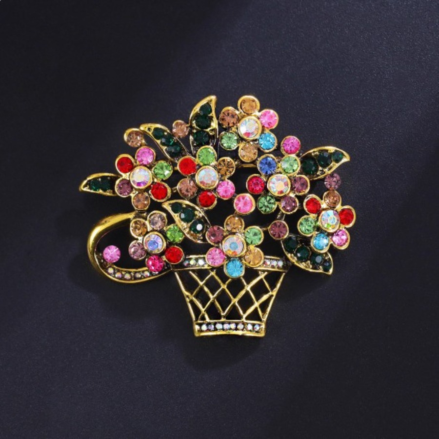 TEMU 1pc Vintage Brooch Featuring Basket Design, Inlaid With Colorful Rhinestones, And Perfect For Occasions Like Valentine's Day, Thanksgiving,