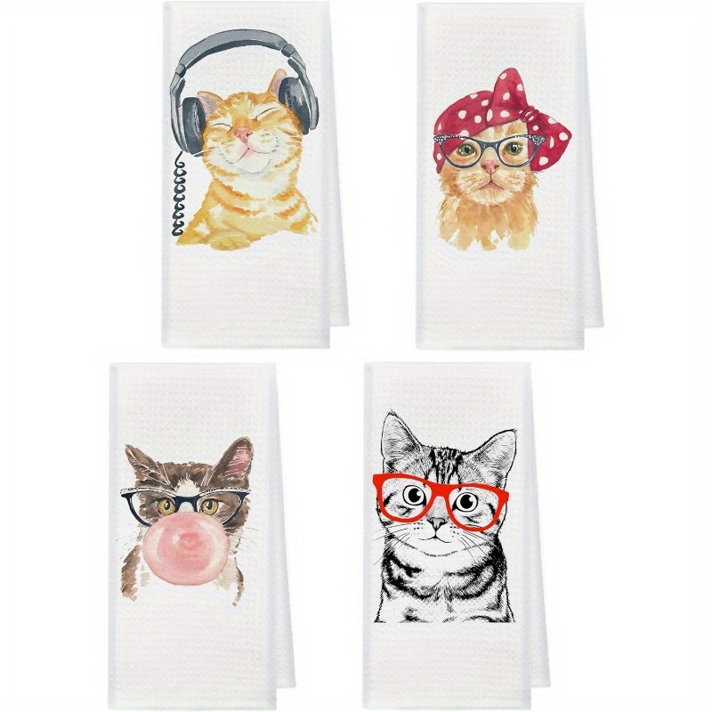 

4-pack Cat Kitchen Towels 18x26inch, Soft Polyester Dishcloths, Themed, Machine Washable, Rectangular, For Home Kitchen Decor