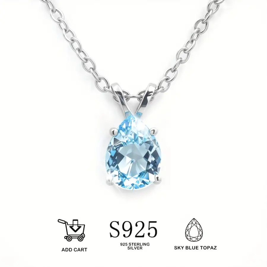 TEMU Natural Topaz S925 Silver Pendant Necklace, Women's Style With 1.5 Carat Oval Sky, Delicate And Sexy Accessory, Perfect Gift For In Birthstone