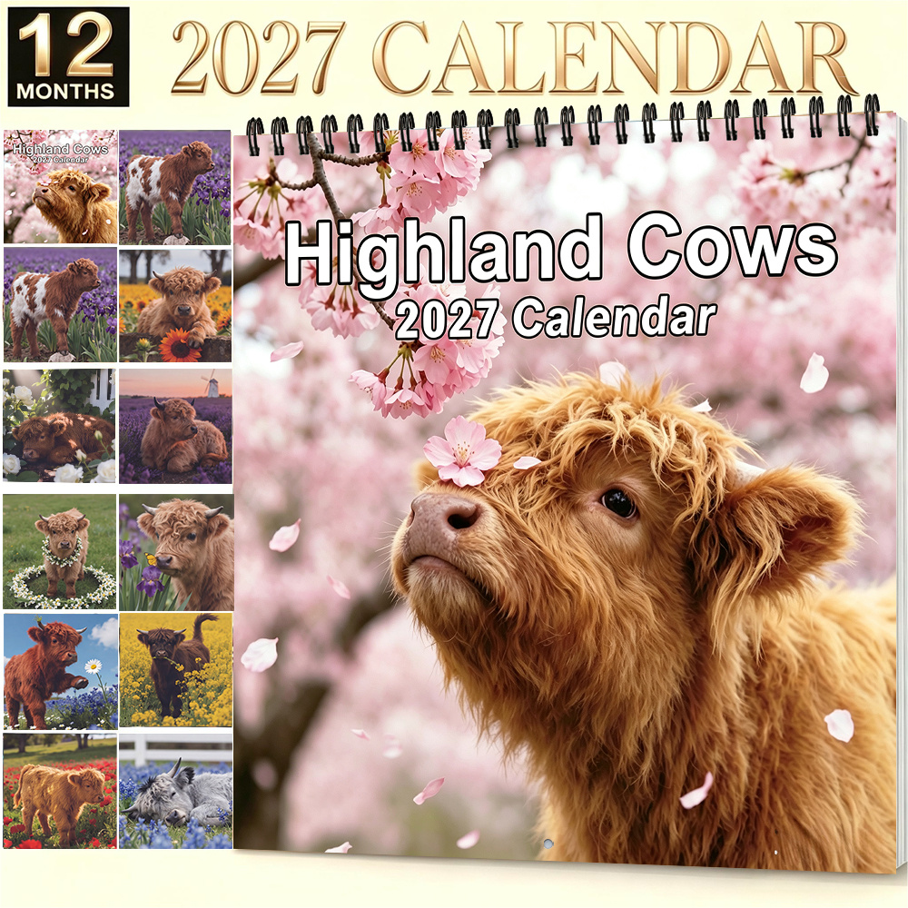 TEMU Calendrier 2027 Vache Highland - Planificateur Mural Mensuel 8,3x8,3 Pouces avec Vache Écossaise, Convient pour la Décoration de et du Bureau,