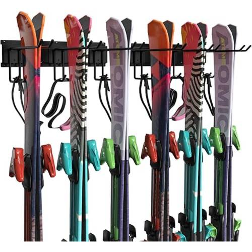 a steel rack designed for wall mounting in garages and featuring compartments for indoor use of accommodating 3 pairs of skis and supporting a weight of up to 300