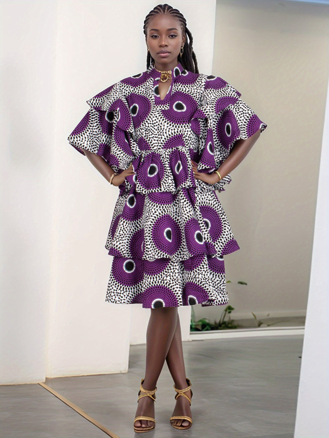 Fashion African V Neck Polyester Printed Dress