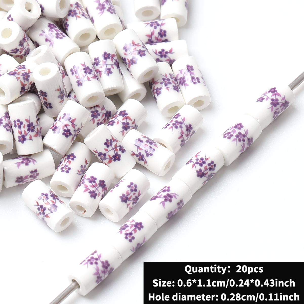 Cute Ceramic Decal Cylindrical Beads, 20pcs Set for DIY